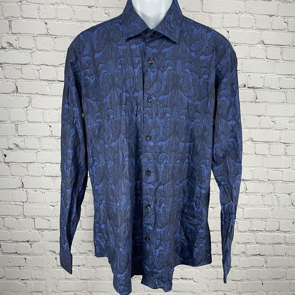 NWD Jared Lang Blue Damask Print Lightweight Long Sleeve Button Up Shirt Size XL